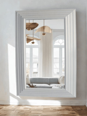 מראה גדולה מלבנית מסגרת עץ לבנה