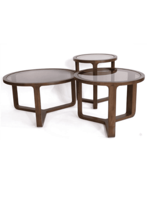 סט שולחנות סלון מעוצבים מעץ בגוון אגוז וזכוכית