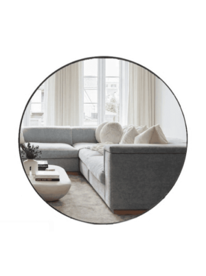 מראה עגולה עם מסגרת מתכת שחורה בקוטר 90