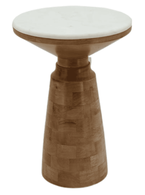 שולחן צד לסלון עם בסיס עץ קוני ומשטח שיש