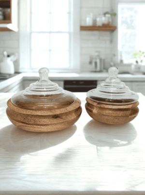 סט 2 קערות הגשה מעץ בגוון טבעי עם מכסה זכוכית בעיצוב פגודה