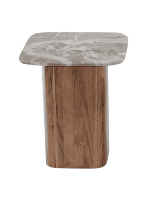 שולחן צד מרובע (מעוגל בקצוות) משטח שיש ובסיס עץ