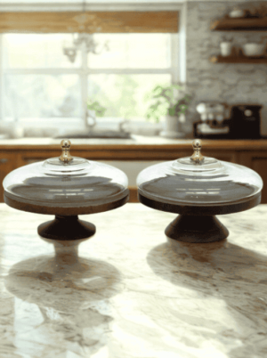 סט מעמדים לעוגה בגוון אגוז עם מכסה זכוכית