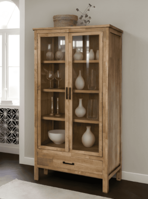 ויטרינה זכוכית ועץ רחבה לסלון