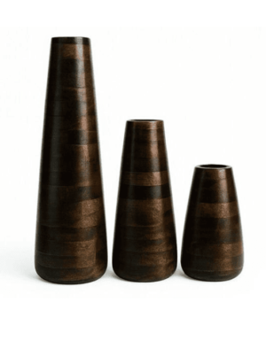 כדים מעוצבים גדולים מעץ בגוון אגוז - סט של 3 בגדלים שונים