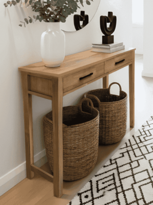 קונסולה לכניסה מעץ טבעי עם 2 מגירות