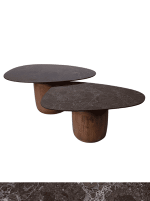 זוג שולחנות פורצלן חום בעיצוב אמורפי ובסיס עץ מנגו