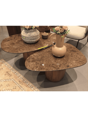 זוג שולחנות פורצלן חום בעיצוב אמורפי ובסיס עץ מנגו בגוון חום