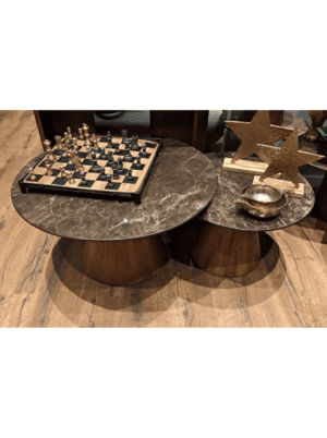 סט 2 שולחנות (קוטר 80 ו60 ) מעץ מנגו כהה ופורצלן בגוון חום