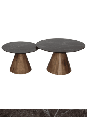 סט 2 שולחנות מעץ מנגו כהה ופורצלן בגוון חום