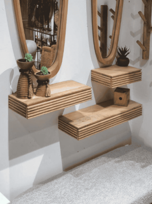 סט 3 מדפים צפים מעץ ומתכת עם מגירה מעוצבת