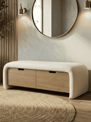 ספסל אחסון לחדר שינה מעץ ובד שניל בהיר