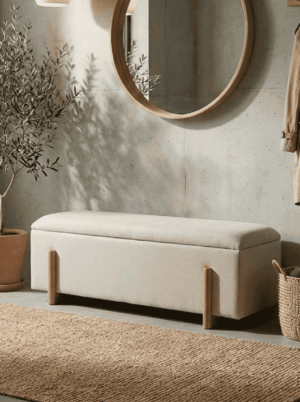 ספסל אחסון מבד שניל ורגלי עץ