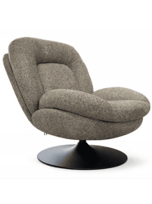 כורסא לחדר שינה (דגם Zen) טקסטיל בגוון קפה עם בסיס מתכת שחור עגול